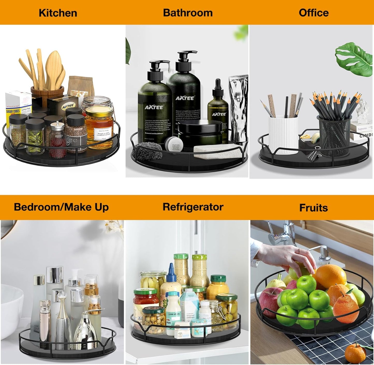 Lazy Susan Turntable Organizer with Anti-Slip Mat for Cabinet Pantry Kitchen Countertop Refrigerator Office, Pine Wood, 13", Black