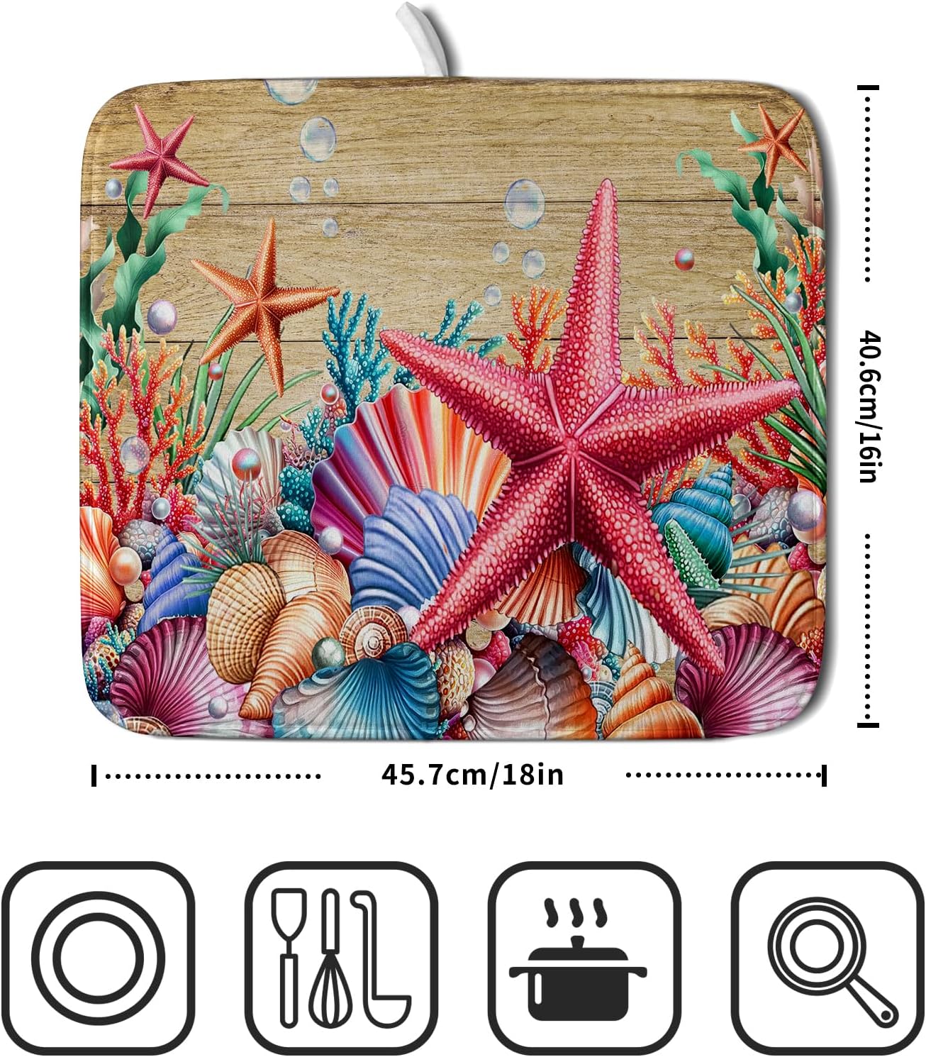 Summer Ocean Dish Drying Mat - Starfish Seashells Absorbent Kitchen Countertop Drying Pad 16 X 18 Inch