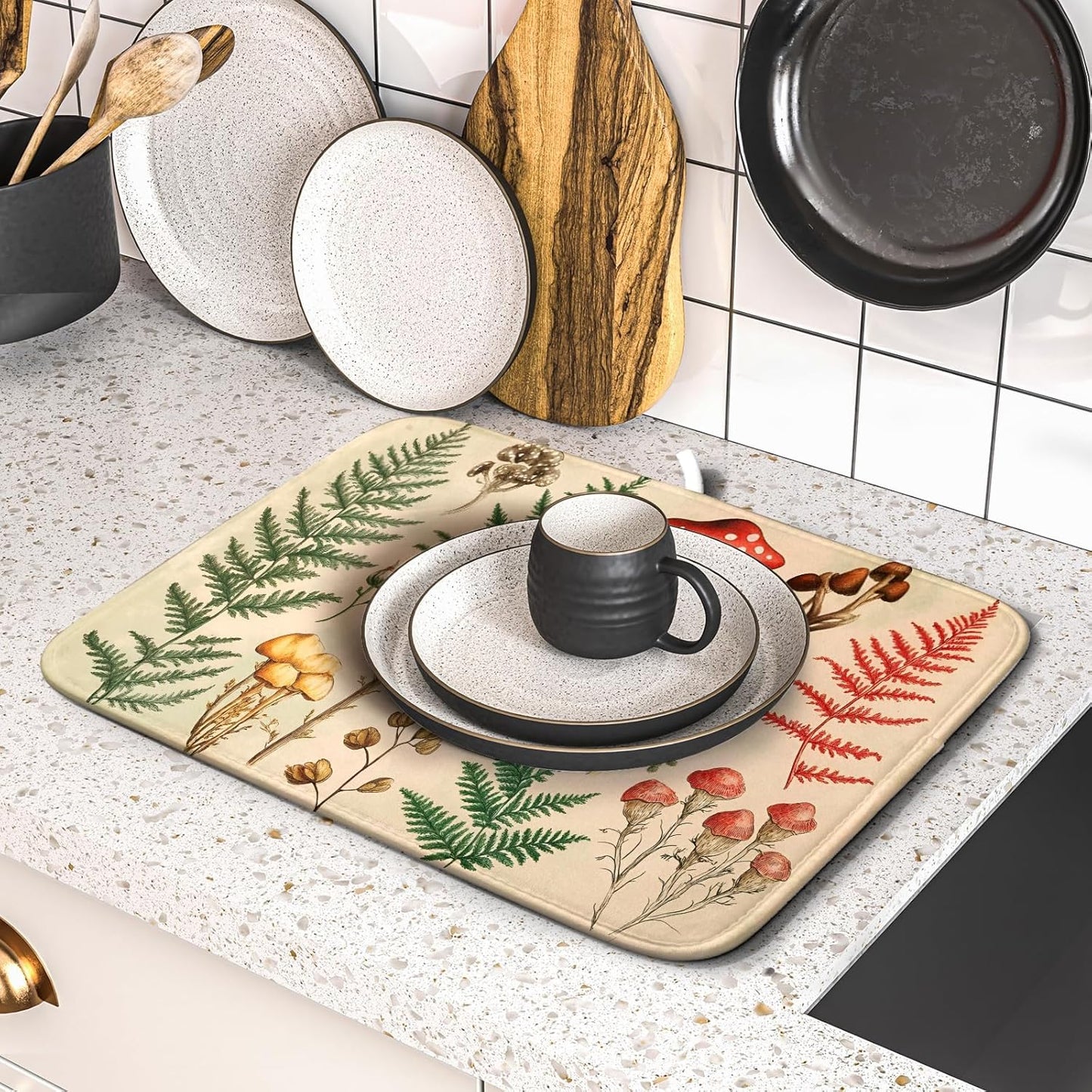 Ferns Leaves Dish Drying Mats Woodland Forest Mushrooms Reversible Drainer Mats 16 X 18 Inch