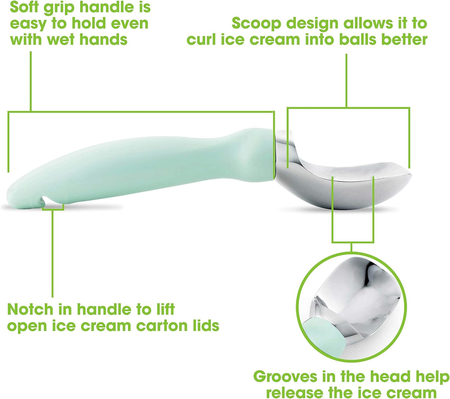 Spring Chef Stainless Steel Ice Cream Scoop - Dishwasher Safe Metal Ice Cream Scooper, Heavy Duty Kitchen Tool with Soft Grip Anti-Freeze Handle, Perfect for Frozen Yogurt, Sorbet, Sundae - Mint