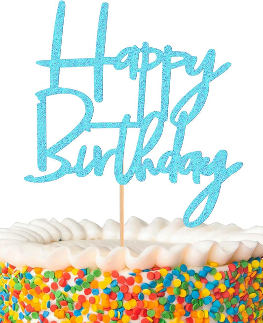 Happy Birthday Cake Topper - Glitter Light Blue Birthday Cake Top Decorations (Light Blue)