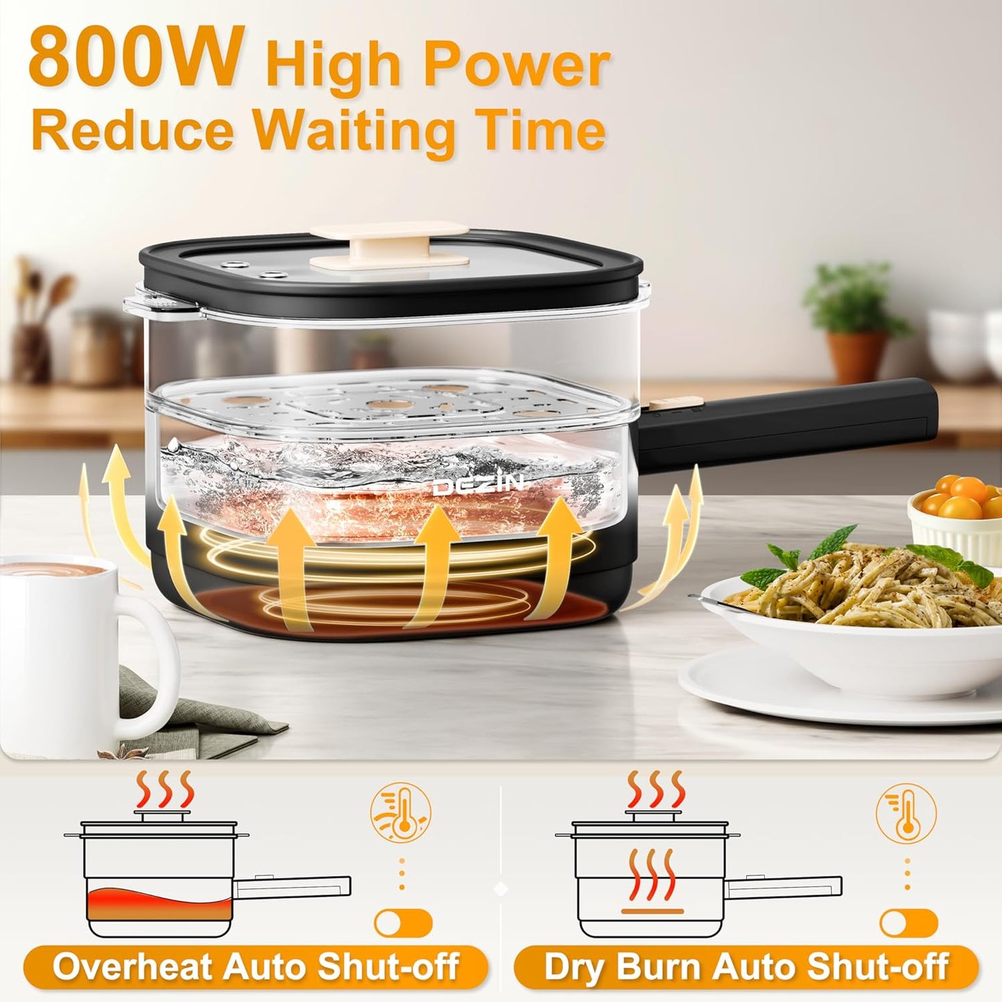 Dezin 2L Electric Hot Pot with Steamer, Rapid 800W Non-Stick Ceramic Coating Dorm Cooking Pot, Plug in Electric Pan Cooker with Adjustable Power for College Hotel Office(Silicone Spatula Included)