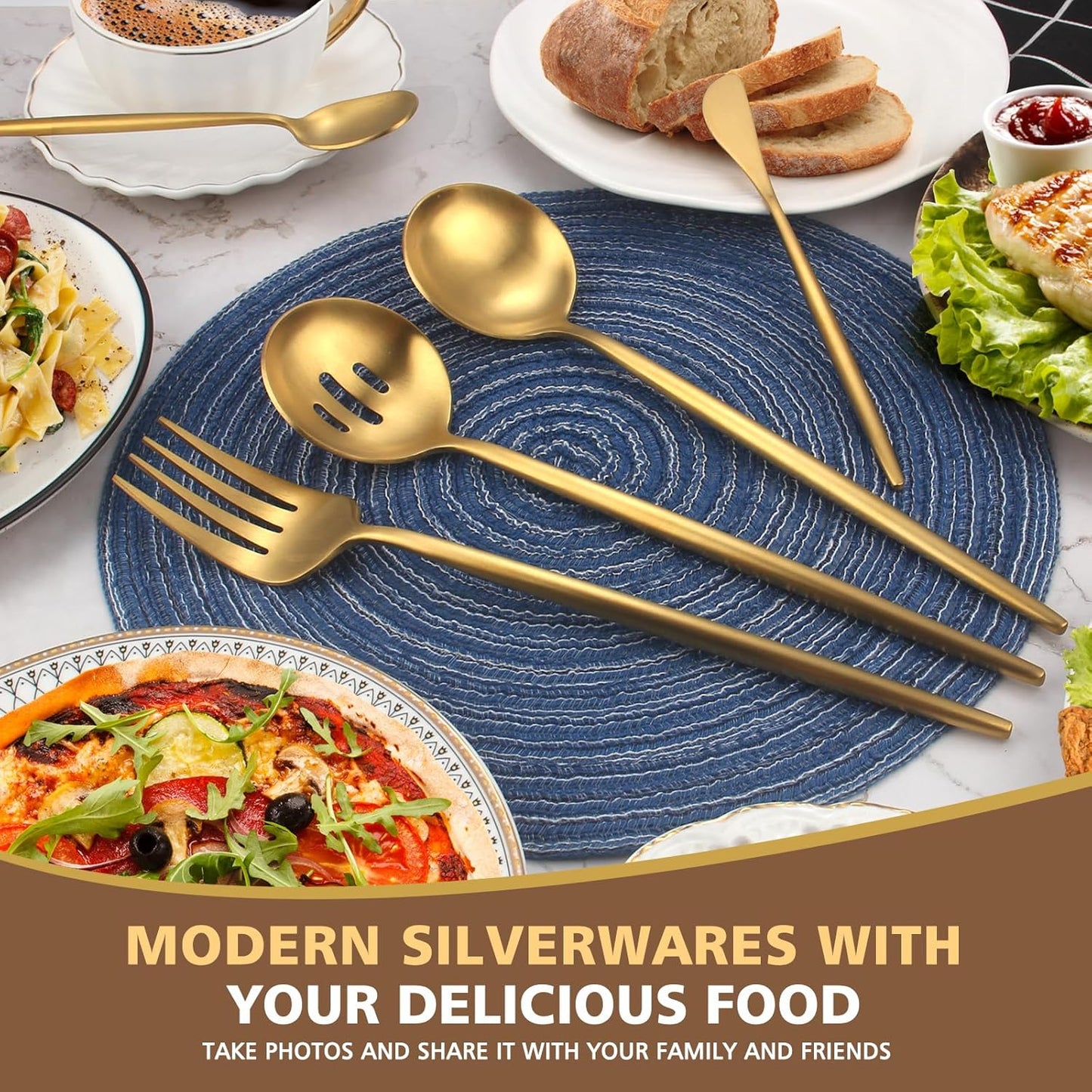 Matte Gold Serving Set，Oliviola 5-Piece Stainless Steel Large Hostess Set with Round Edge, Satin Finished, Dishwasher Safe -Large Spoon, Large Fork,Butter Knife，Sugar Spoon & Slotted Spoon