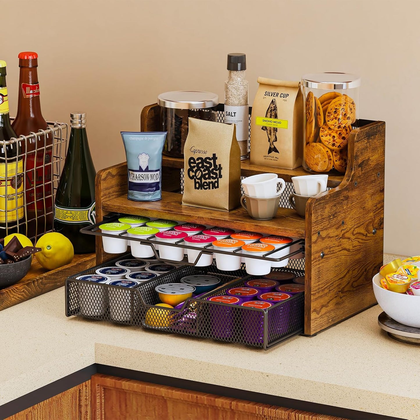 Coffee Pod Holder with Drawer & Dividers, 4-Tier Wood K Cup Organizer for Countertop, Coffee Bar Organizer Storage Box, Coffee Station Organizer for Kitchen Coffee Station