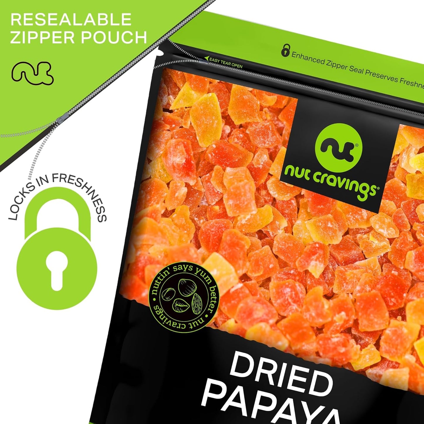NUT CRAVINGS - Sun Dried Papaya Chunks, Lightly Sweetened (16oz, 1 LB) Bulk Dry Fruits Packed Fresh in Resealable Bag - Sweet Healthy Snack, Naturally Grown, Vegan, Kosher