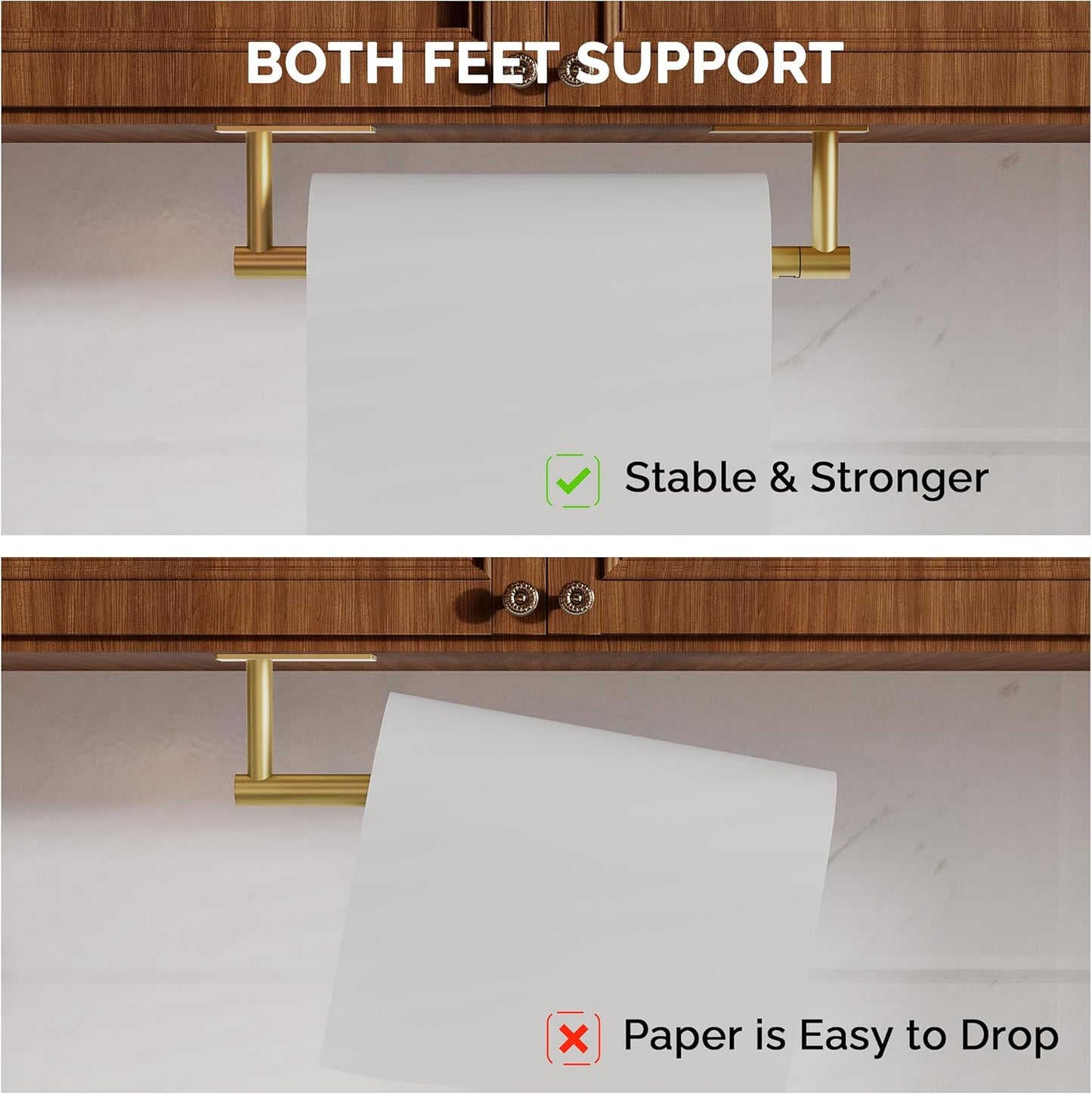 Paper Towel Holder Under Cabinet, Self Adhesive or Wall Mounted SUS304 Stainless Steel Paper Towel Holder for Kitchen, Bathroom, Farmhouse, Barbecue and Laundry (Brushed Gold)