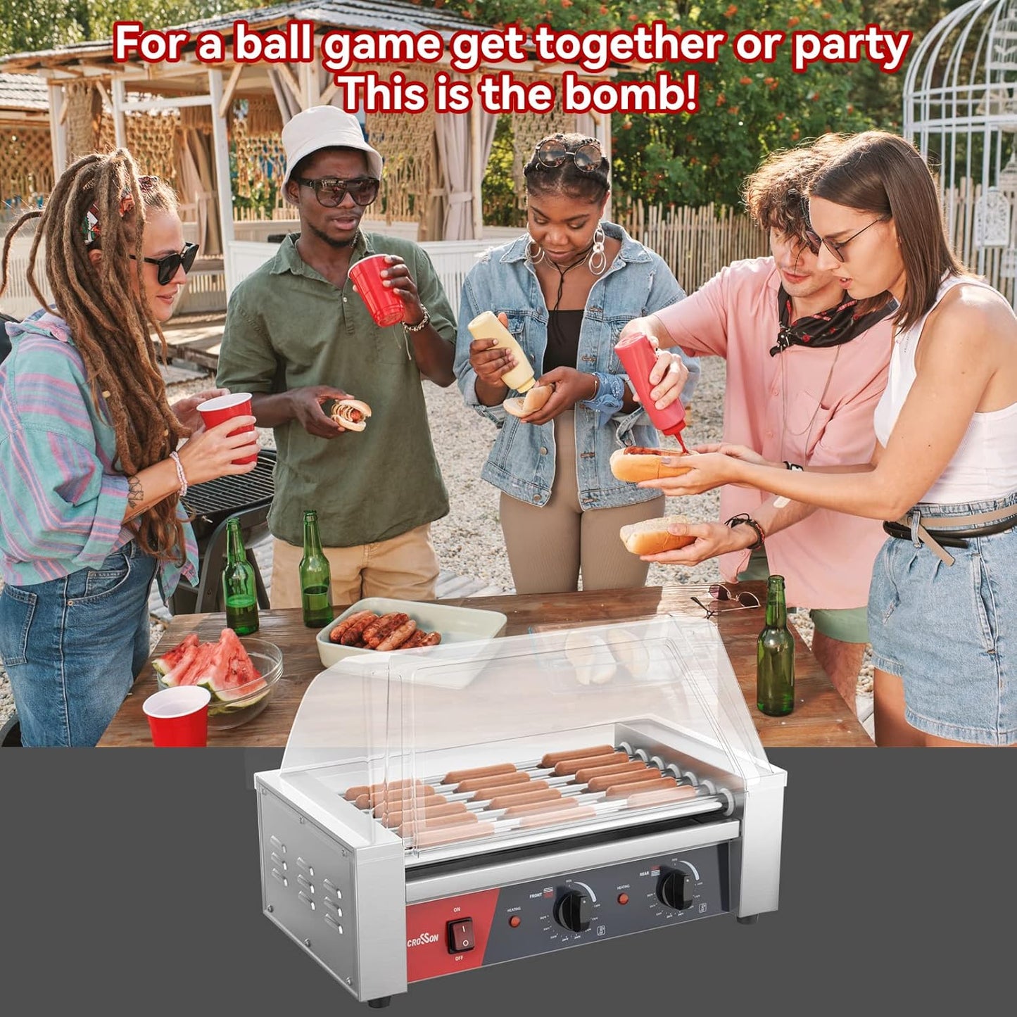 CROSSON Hot Dog 7 Roller Grill Cooker Machine with Transparent Sneeze Guard,7 Nonstick 304SS Rollers and Dual Temp Control,Commercial Hot Dog Cooker Machine-120V, 1050W