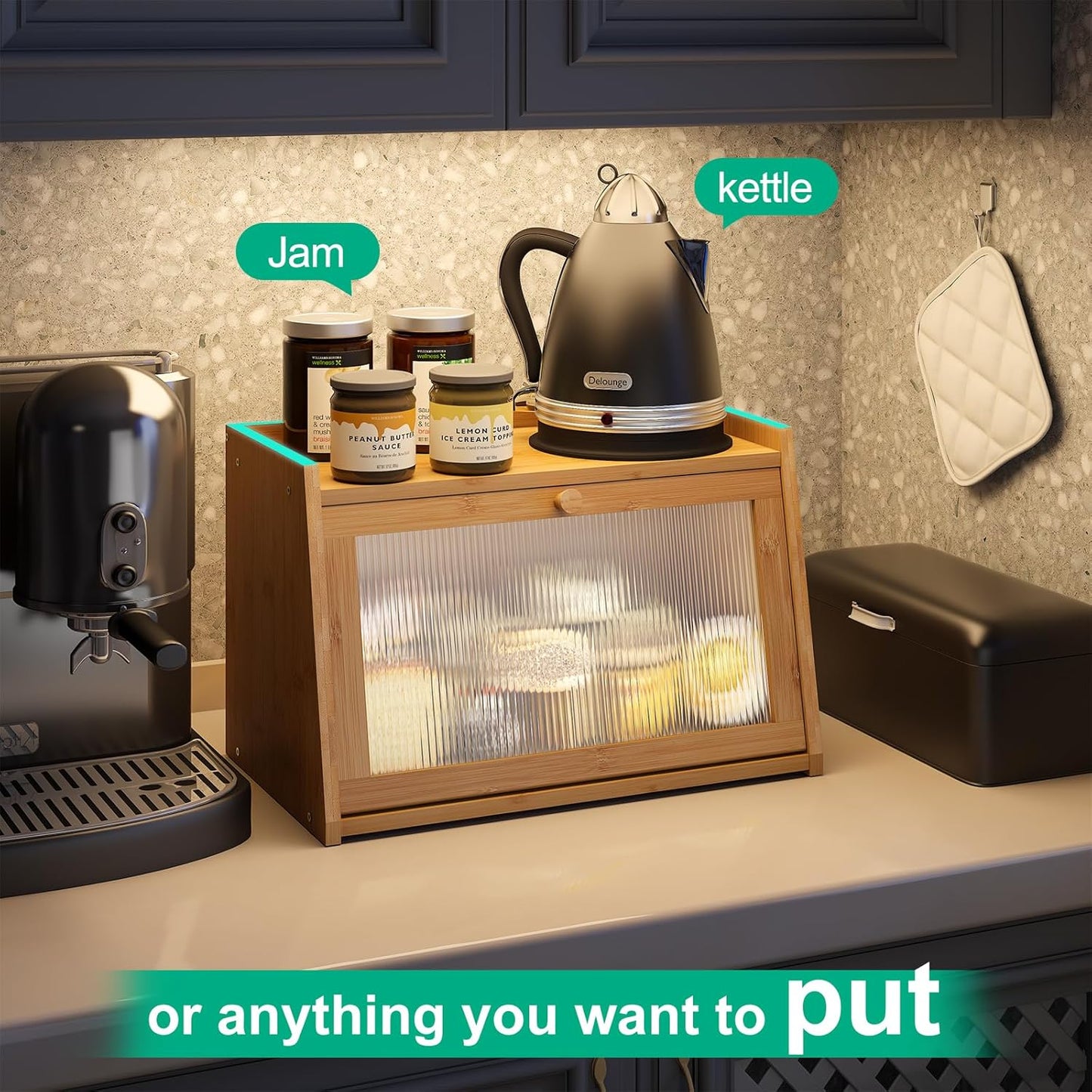 Bread Box for Kitchen Counter, Large Bamboo Bread Storage Container with Wavy Arcylic Door, Bamboo Wooden Farmhouse Bread Box for Your House (Natural, Medium)