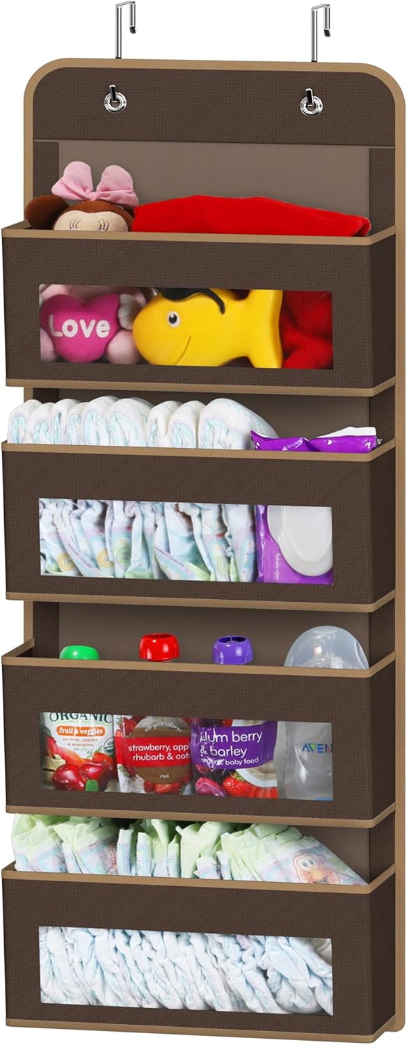 Simple Houseware 4 Clear Window Pocket Over Closet Door Storage Hanging Organizer for Bedroom, Bathroom, Pantry, Brown