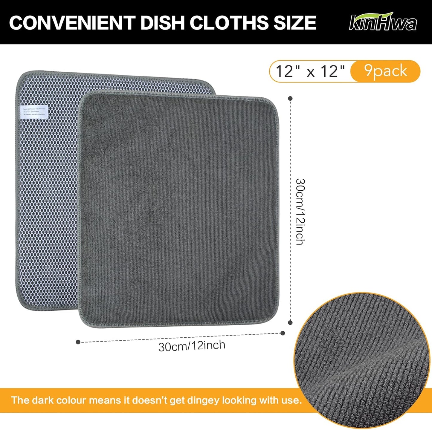 KinHwa Kitchen Washcloths for Dishes Absorbent Microfiber Dish Cloths Quick Dry Dish Rags with Poly Scour Scrub Side Ideal for Kitchen Cleaning and Housekeeping (Gray, 12inchx12inch 9 Pack)