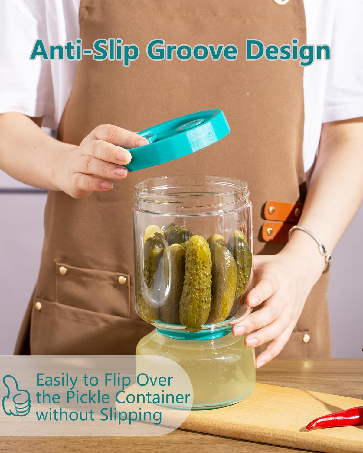 ZENS Pickle Jar with Strainer Flip, 51oz Pickle Container Pickle Juice Separator Teal Hourglass Jar for Olive Keeper, Leakproof Pickle Holder Jars for Pickling Dill Sliced Storage, Gifts for Mom