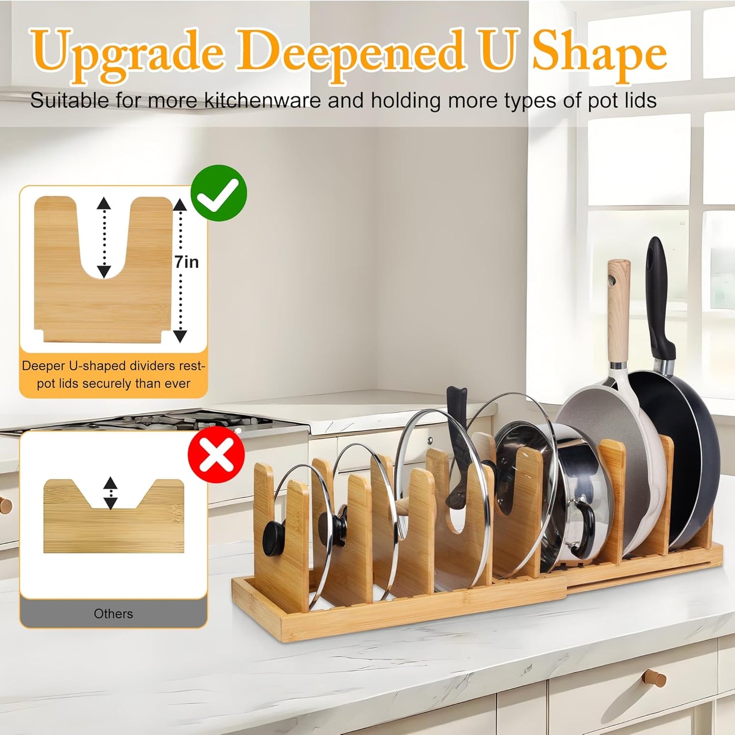 MinBoo Bamboo Expandable Pot Lid Organizer, Pot and Pan Organizer Drawer Organizer for Pot Lids, Adjustable 8 U-Shaped Dividers for Kitchen Cabinet Organizers and Storage