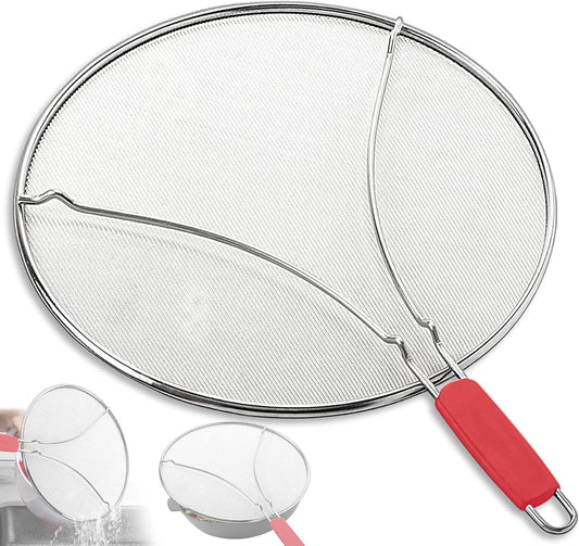 Splatter Screen for Frying Pan & Food Strainer,13 Inch Stainless Steel Grease Splatter Guard,Shield from Splashing Oil, Dishwasher Safe(Red)