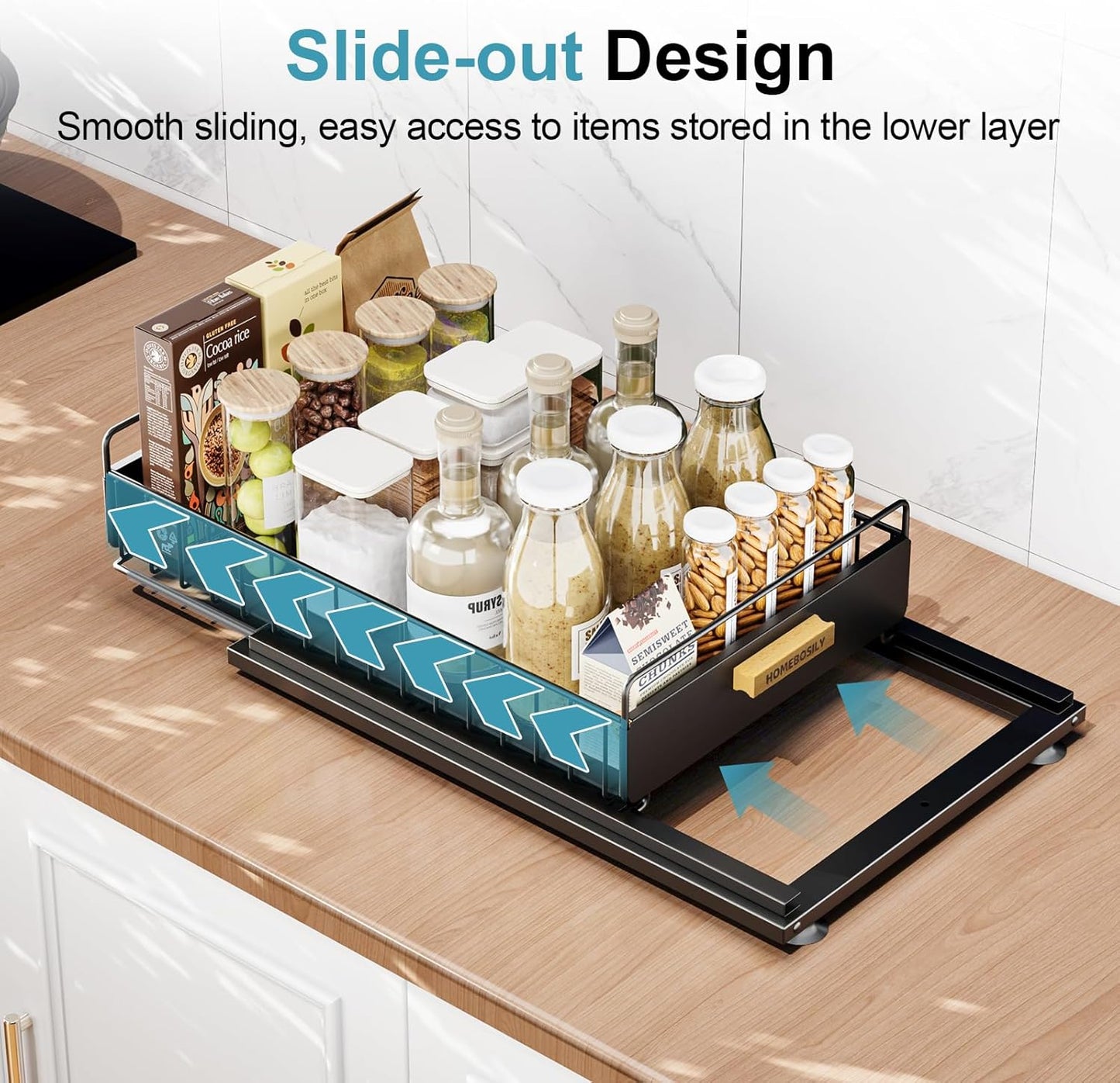 Under Sink Organizer, 2 Pack Pull Out Kitchen Cabinet Organizer, Mute Slide-Out Under Sink Organizers and Storage, Metal Kitchen Bathroom Organizers and Storage Shelves, Black