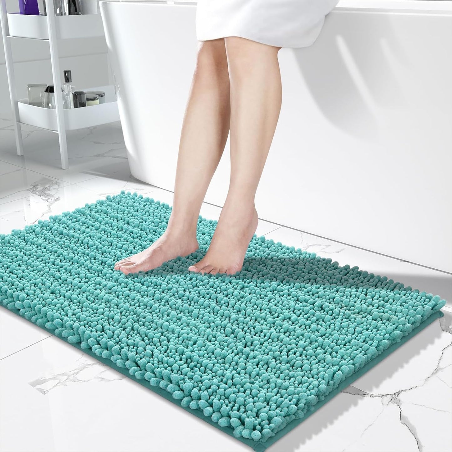 Yimobra Long Bathroom Rugs Non Slip Washable 44x24 Inch - Ultra Soft Absorbent Chenille Bath Mat, Quick Dry Shaggy Floor Carpet for Tub Shower, Lake Blue Home Decor Accessories