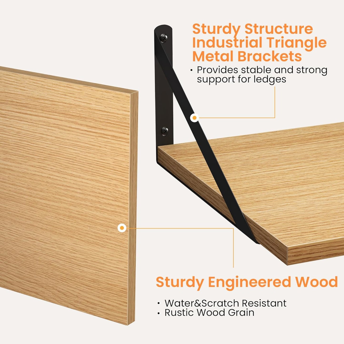 Heimlove 12 Inch Deep Floating Shelves for Wall, 16W x 12D Wood Wall Shelves Set of 2, Rustic Oak Wide Floating Bookshelf for Living Room, Kitchen, Office, Bedroom, with Black Metal Bracke - Oak