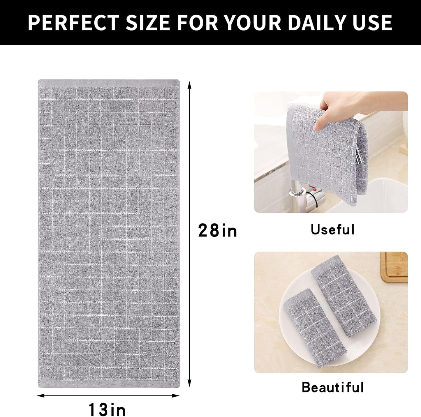 Homaxy 100% Cotton Terry Kitchen Towels(Light Grey, 13 x 28 inches), Checkered Designed, Soft and Super Absorbent Dish Towels, 6 Pack