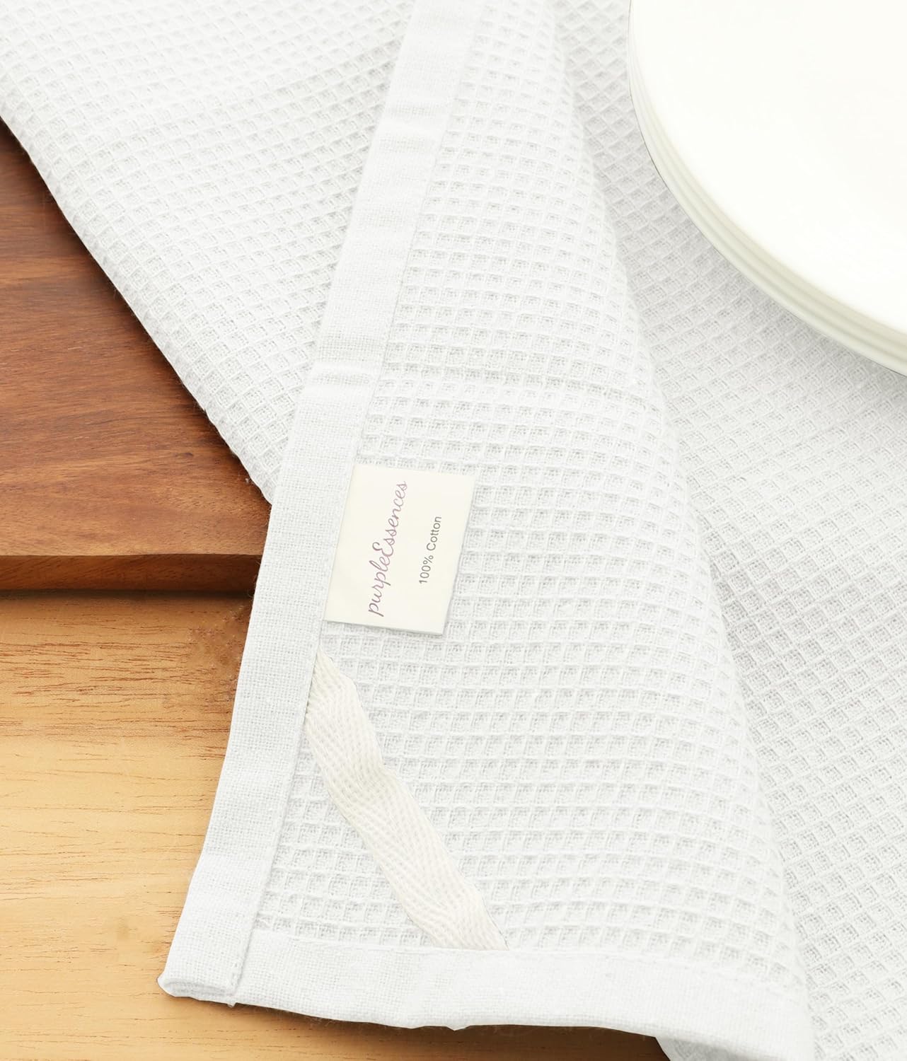 PurpleEssences Waffle Weave Kitchen Towel, 100% Cotton - 15 x 25 Inches, with Hanging Loop Ultra Soft Absorbent Quick Drying Dish Cloth, Tea and Hand Towels, 6 Pack - Spring Summer - White