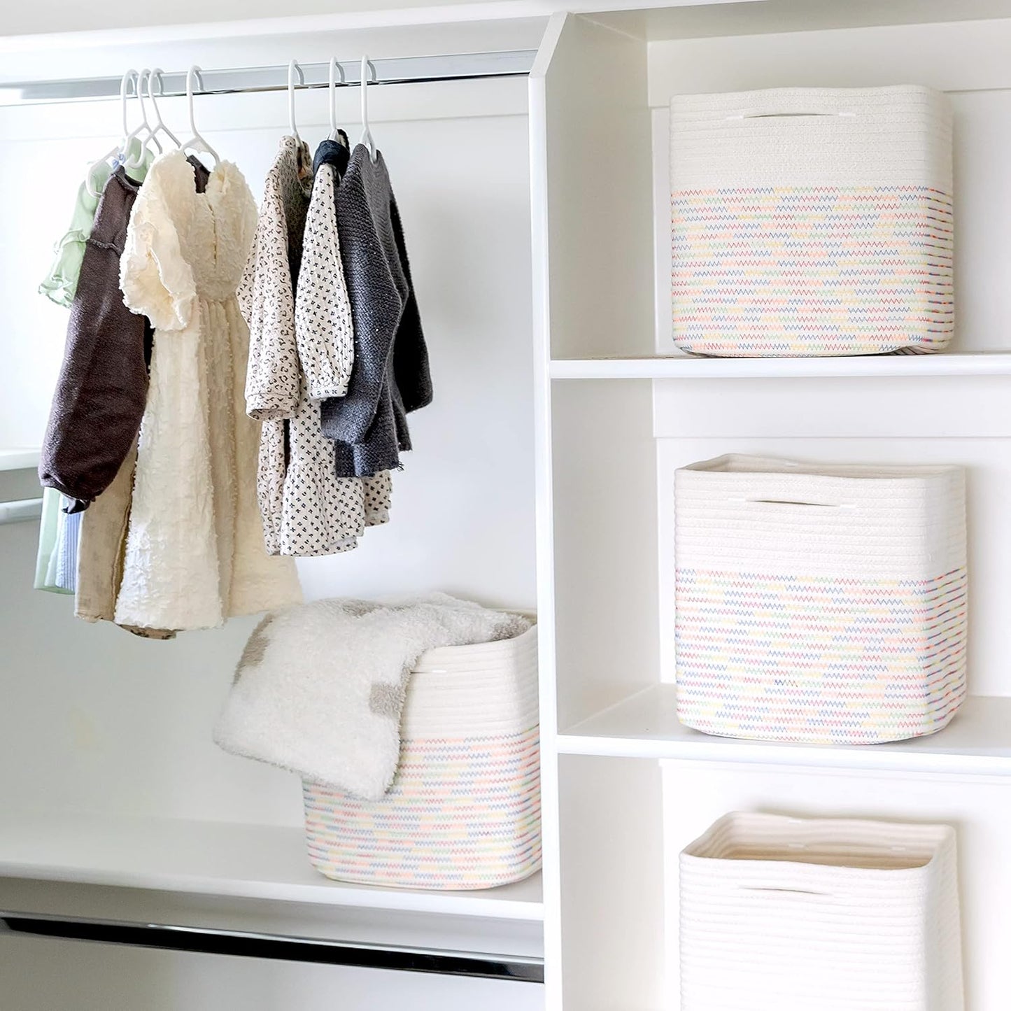 NaturalCozy 13 Inch Cube Storage Bins Cotton Rope Woven Baskets for Organizing 3-Pack | 13 x 13 Storage Cubes | Fabric Square Storage Baskets for Shelves Organizer, Kids Toy Bins, Closet Baby Nursery