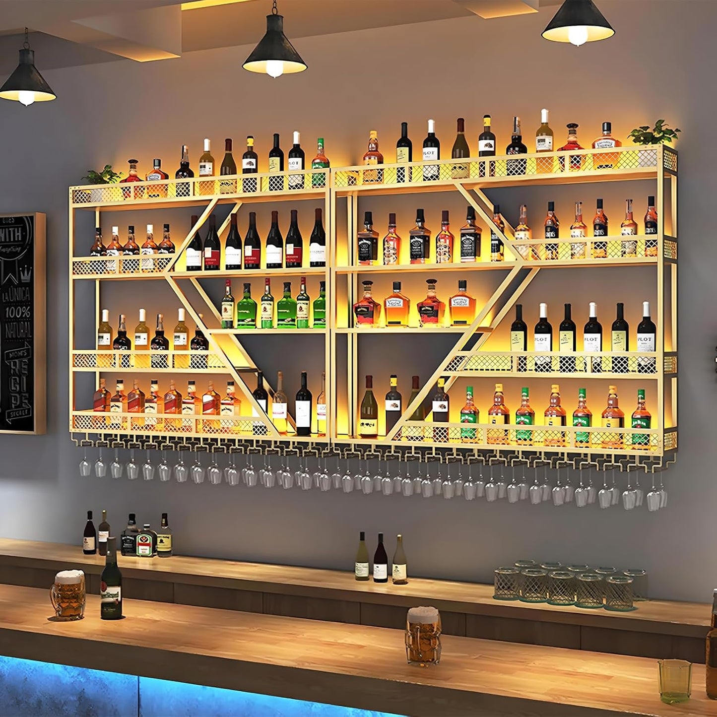 79in Metal Wine Rack Wall Mounted, Modern Wine Storage Rack Wall Mounted with Wine Glass Holder, Liquor Shelf, Bar Shelves for Liquor Bottles (4 Tiers Gold, 79 * 7.87 * 48.5INCH)