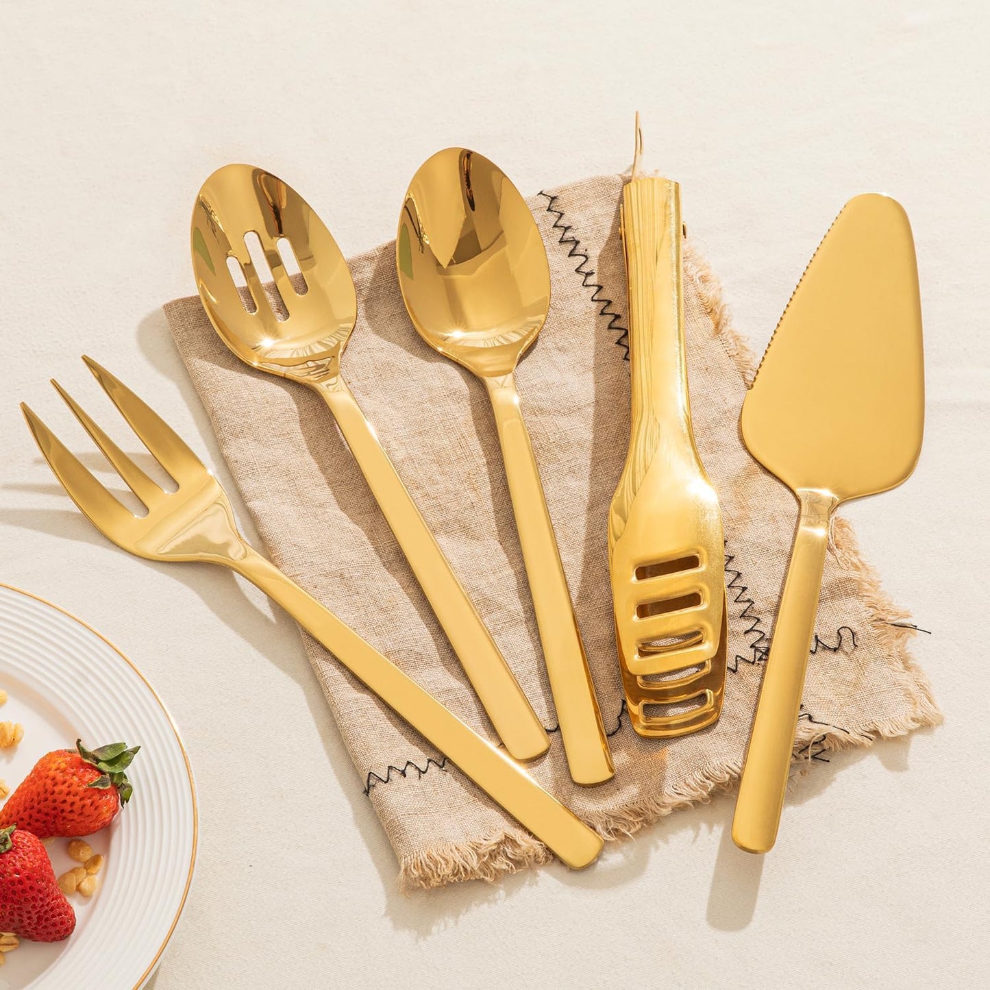 KINGSTONE Large Hostess Serving Utensils Set, 18/10 Stainless Steel -10 inch Serving Spoons, Slotted Spoons, Forks, Tongs, Cake Pie Server, Butter Knife, Sugar spoon for Buffet, Wedding, Party, Gold