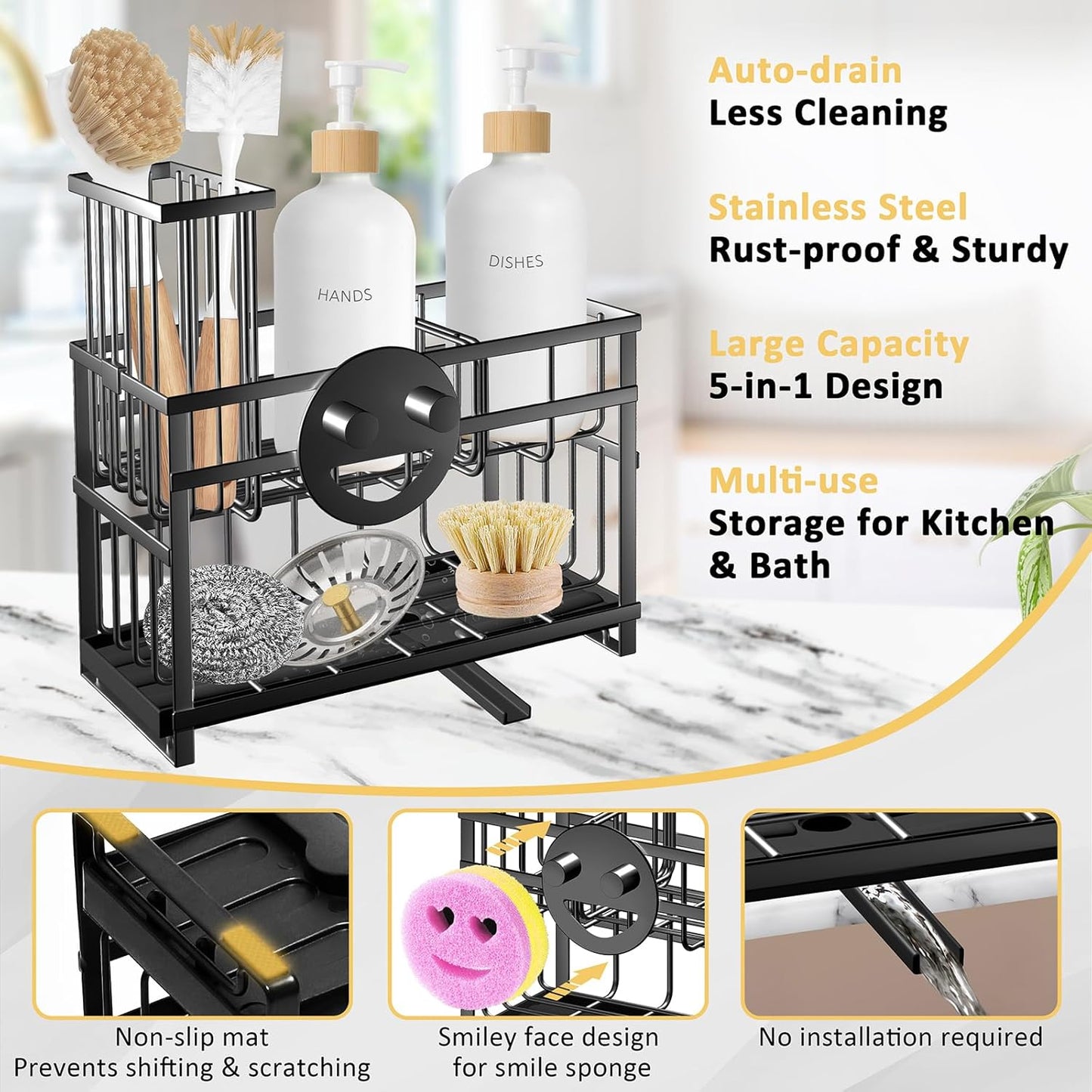 Sponge Holder for Kitchen Sink & Sink Caddy - 2-Tier Stainless Steel Organizer with Automatic Drainage, Rustproof Storage for Dish Brush, Soap Dispenser & Countertop Essentials
