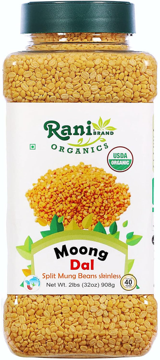 Rani Organic Moong Dal (Split Moong Beans Skinless) Indian Lentils 32oz (2lbs) 908g PET Jar ~ All Natural | Vegan | Gluten Friendly | NON-GMO | Indian Origin | USDA Certified Organic