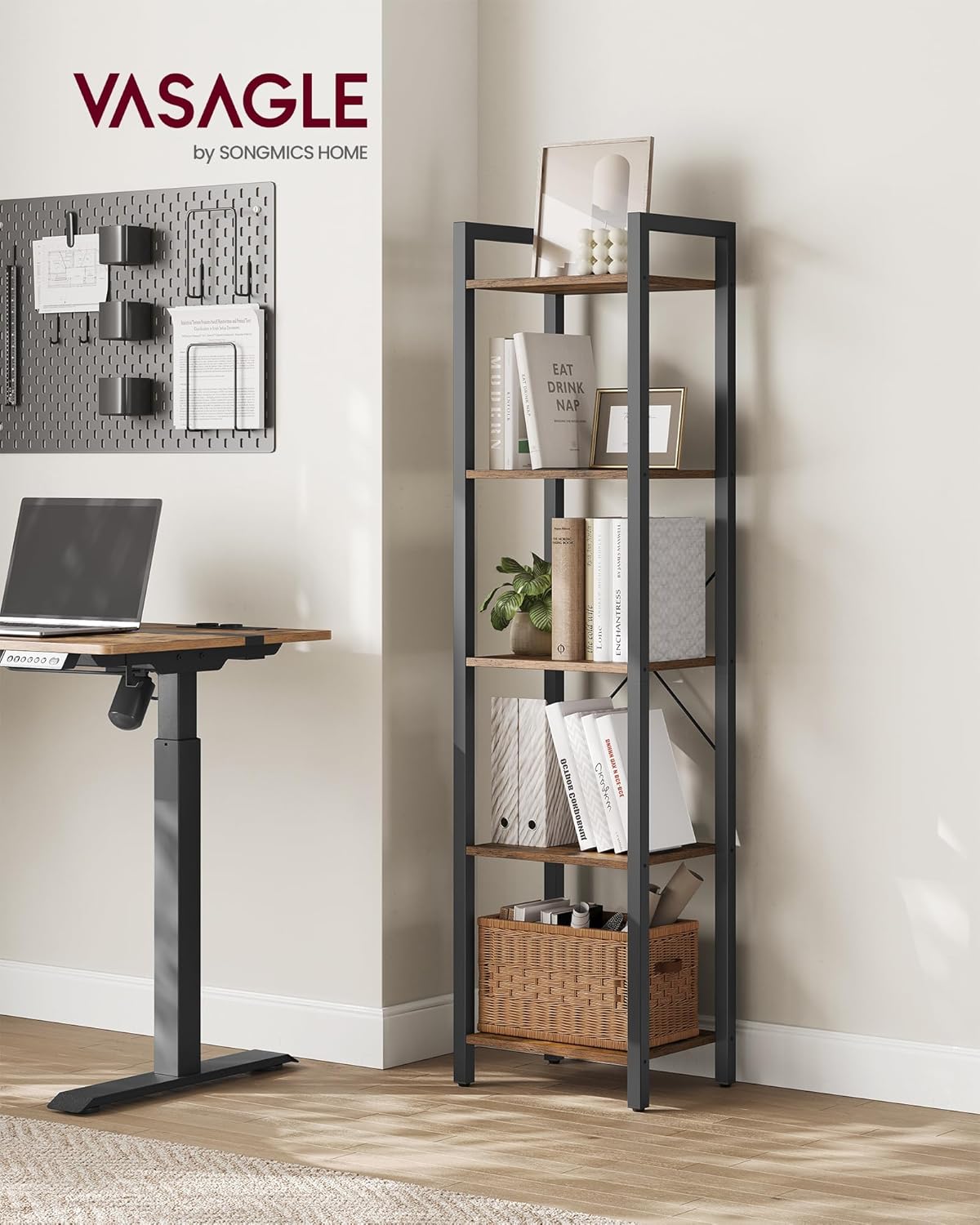 VASAGLE 5-Tier Bookshelf, Bookcase with Steel Frame, Book Shelf for Living Room, Home Office, Study, 11.8 x 15.7 x 60.2 Inches, Industrial Style, Rustic Brown and Ink Black ULLS100B01
