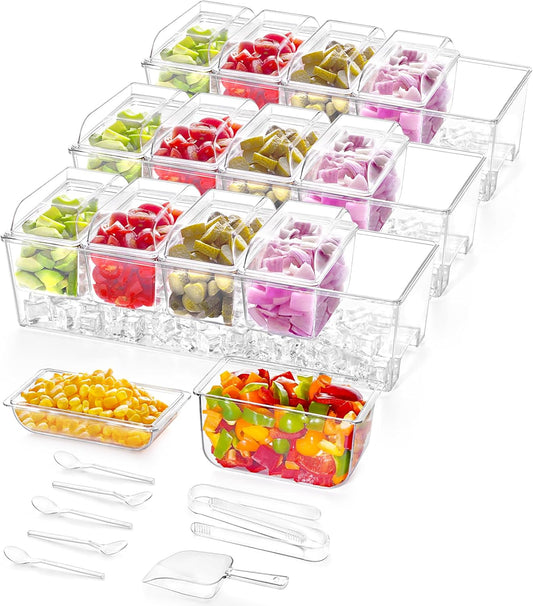 Lifewit 3 Pack Taco Bar Serving Set for Party with Containers(2.5 Cup)&Components,Large Ice Chilled Condiment Caddy Organizer, Garnish Serving Tray Platter for Mimosa Bar Accessories,Fruit,Salad,Food