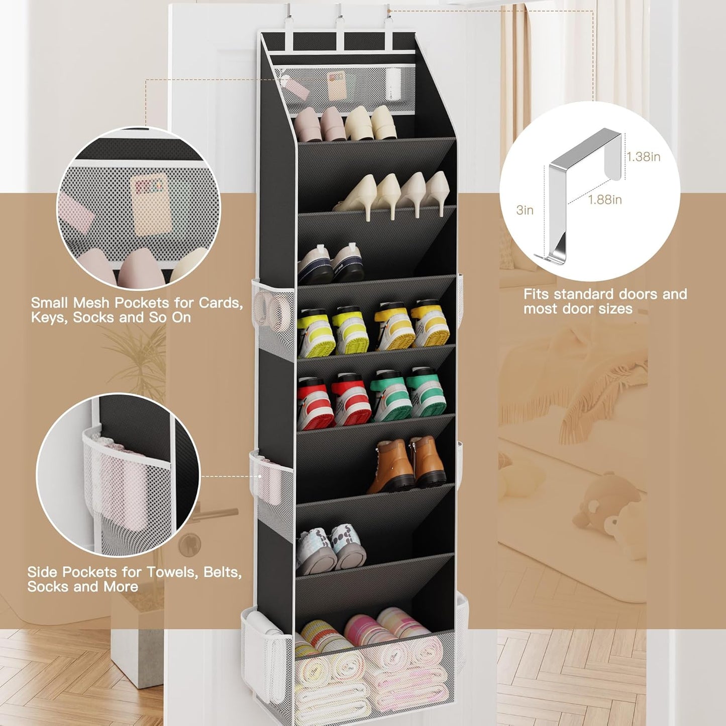 Criusia Shoe Organizer, Over the Door Shoe Organizer for Closet, Hanging Closet Shoe Storage with Large Deep Pockets, Holds Sneakers, Sandals, Boots, Fits 16–24 Pairs, Black