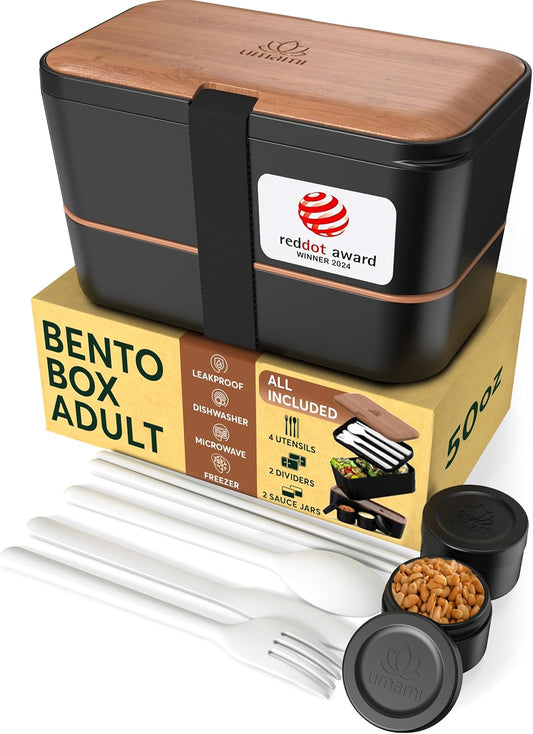 Umami Premium Lunch Box Containers w/ 4 Utensils, 2 Sauce Jars, Nestable Space-Saving Bento Box Adult, 100% Leakproof, Microwavable Lunch Containers for Adults, Cherry Black, 50 oz