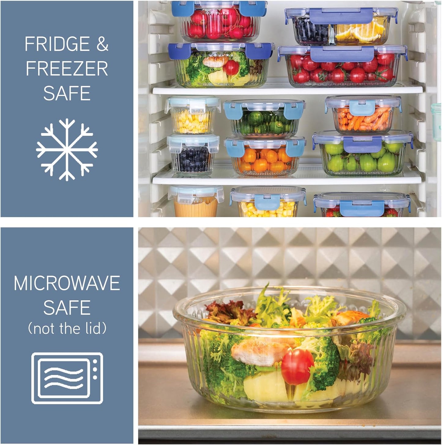 COOK WITH COLOR Premium 32-Pc. Borosilicate Glass Food Container Set with Dividers - 4 Rectangles, 8 Rounds, 4 Squares - Leakproof Lids - Meal Prep, Storage, Fluted Ombre Blue