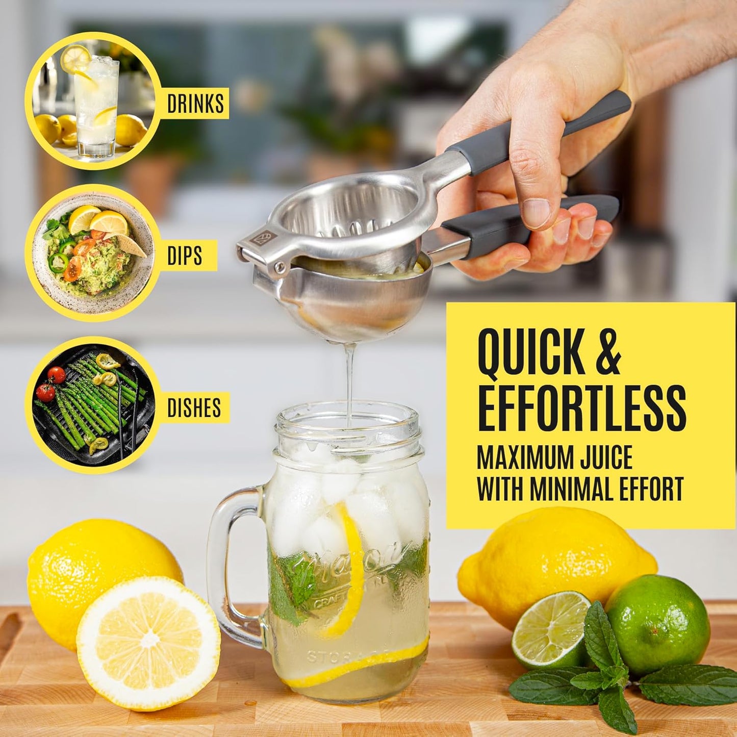 Large Lemon Squeezer Stainless Steel Press - Non-Slip Grip, Heavy Duty, Manual Design - Effortless Pro-Grade Lemon, Lime, Orange, and Citrus Fruit Hand Held Lemon Juicer Squeezer - No Seeds, Max Juice