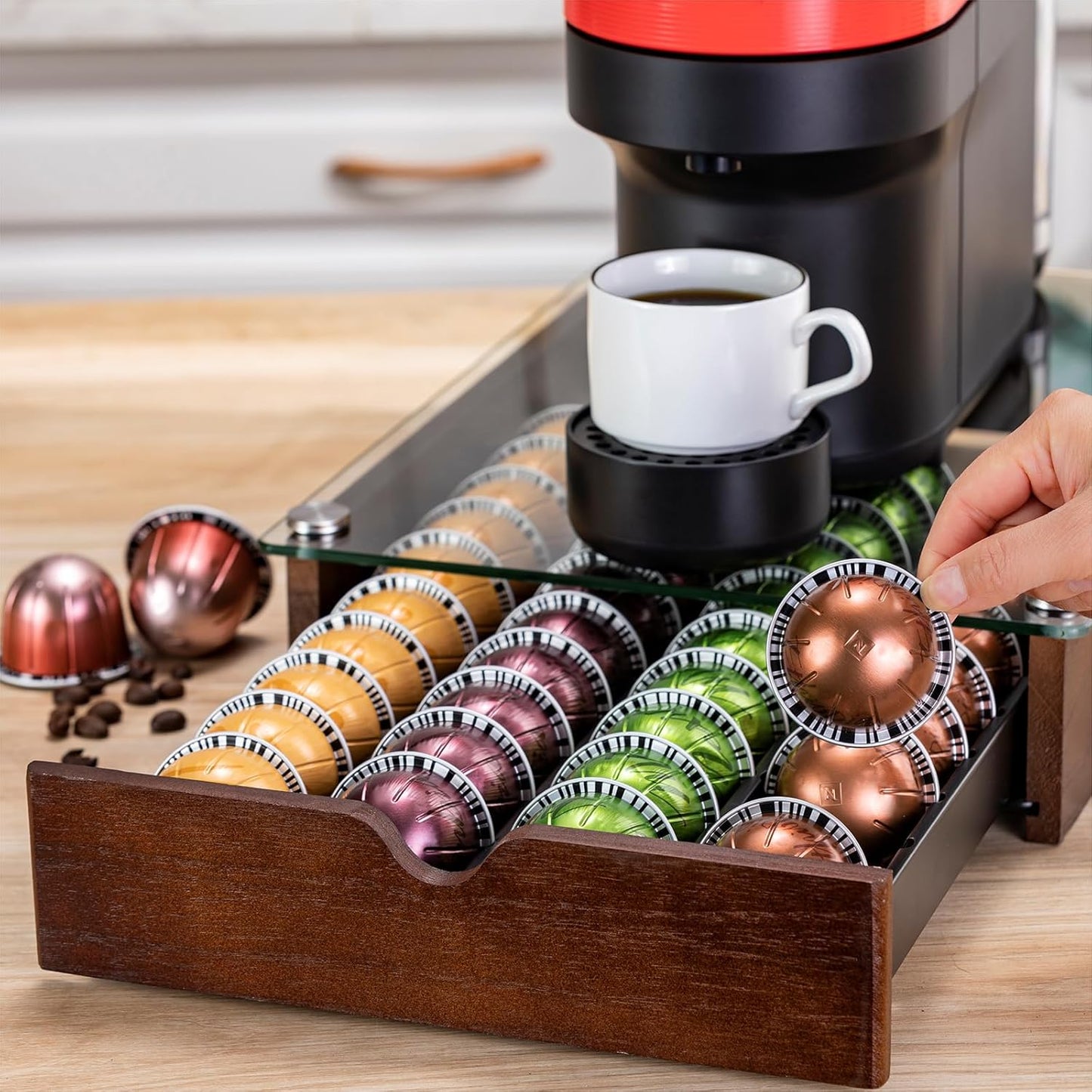 Nespresso Pod Holder Vertuo Pod Drawer With Glass For Cabinet Vertuoline Pod Storage Rack For Counter (40 Pods)