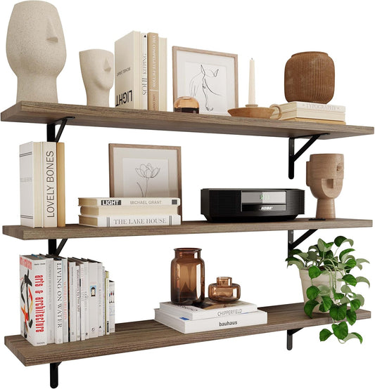 Wallniture Forme 48 inch Long x 10 in Deep Rustic Floating Shelves for Wall Storage, Wall Bookshelf for Living Room Decor, Kitchen, Office Floating Shelf, Set of 3, Burnt, Wood