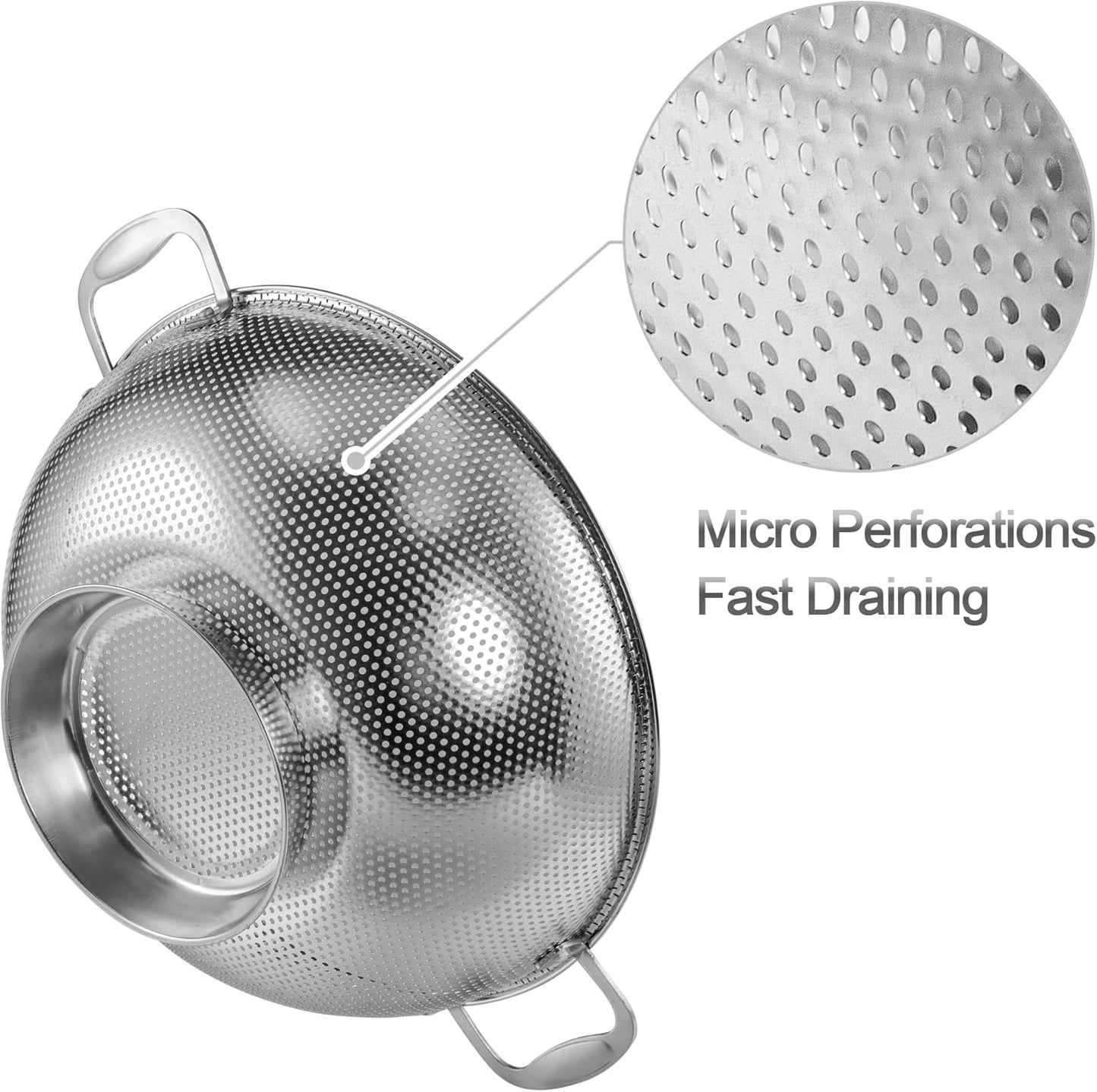 Tiawudi Large 6-Qt Colander, 18/8 Stainless Steel Mesh Strainer for Kitchen, Food Sieve with Riveted Handles and Self-draining Solid Ring Base, Great for Pasta, Rice, Vegetables and Fruits