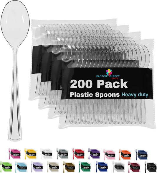 Party Solids Heavy Duty Plastic Spoons - 200 Pcs Clear Disposable Flatware