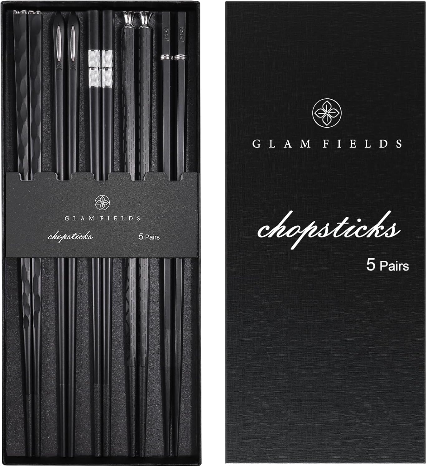 GLAMFIELDS 5 Pairs Premium Chopsticks Reusable Dishwasher Safe 9.5 Inch Fiberglass Chop Sticks Gift Set Non Slip Black + Silver