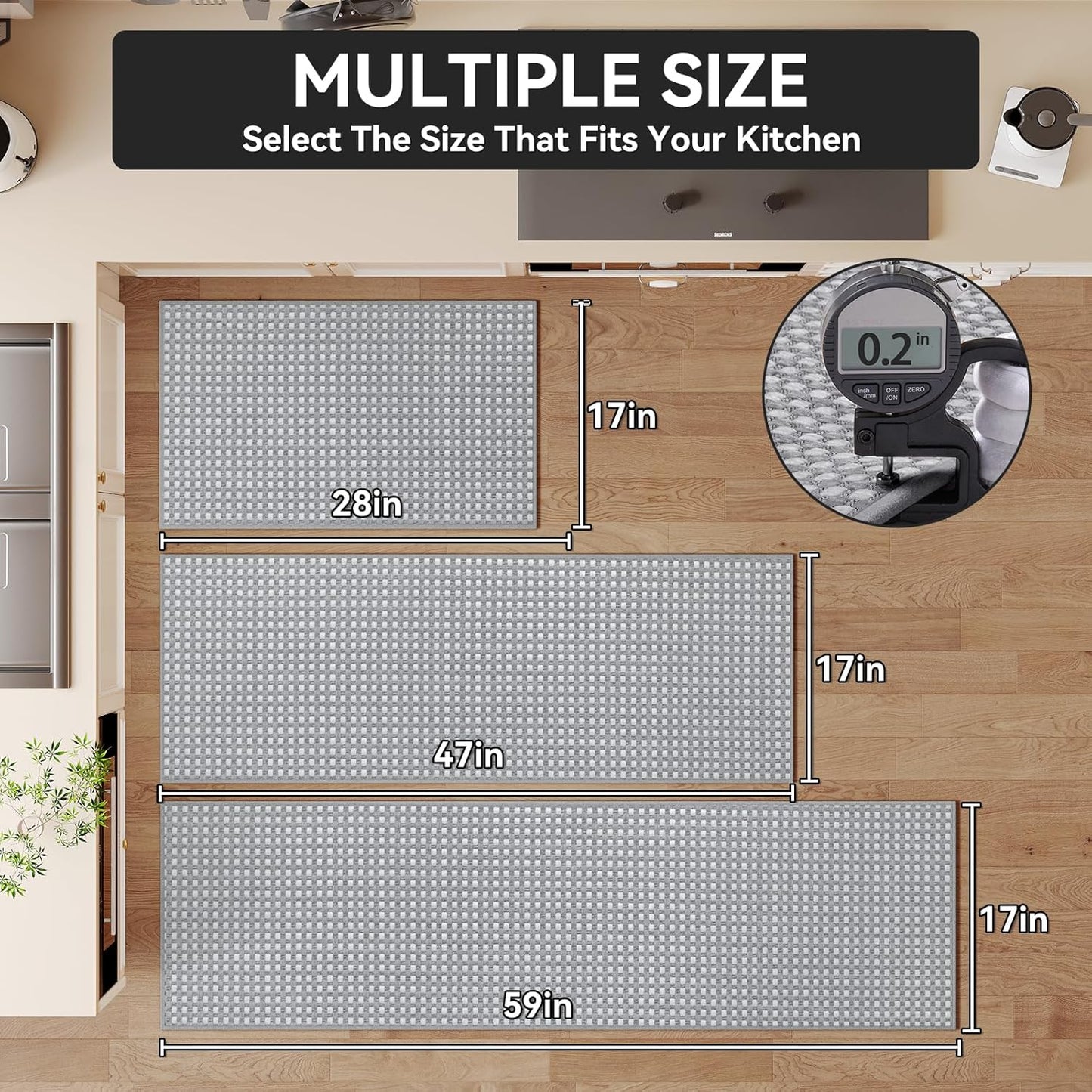 Kitchen Mat Kitchen Rugs Sets of 2 PCS Non Slip Washable, Super Absorbent Soft Braided Kitchen Mats for Floor, Rubber Backing Comfort Standing Kitchen Sink Mat Runner Rug, Gray 17"x28"+17"x59"