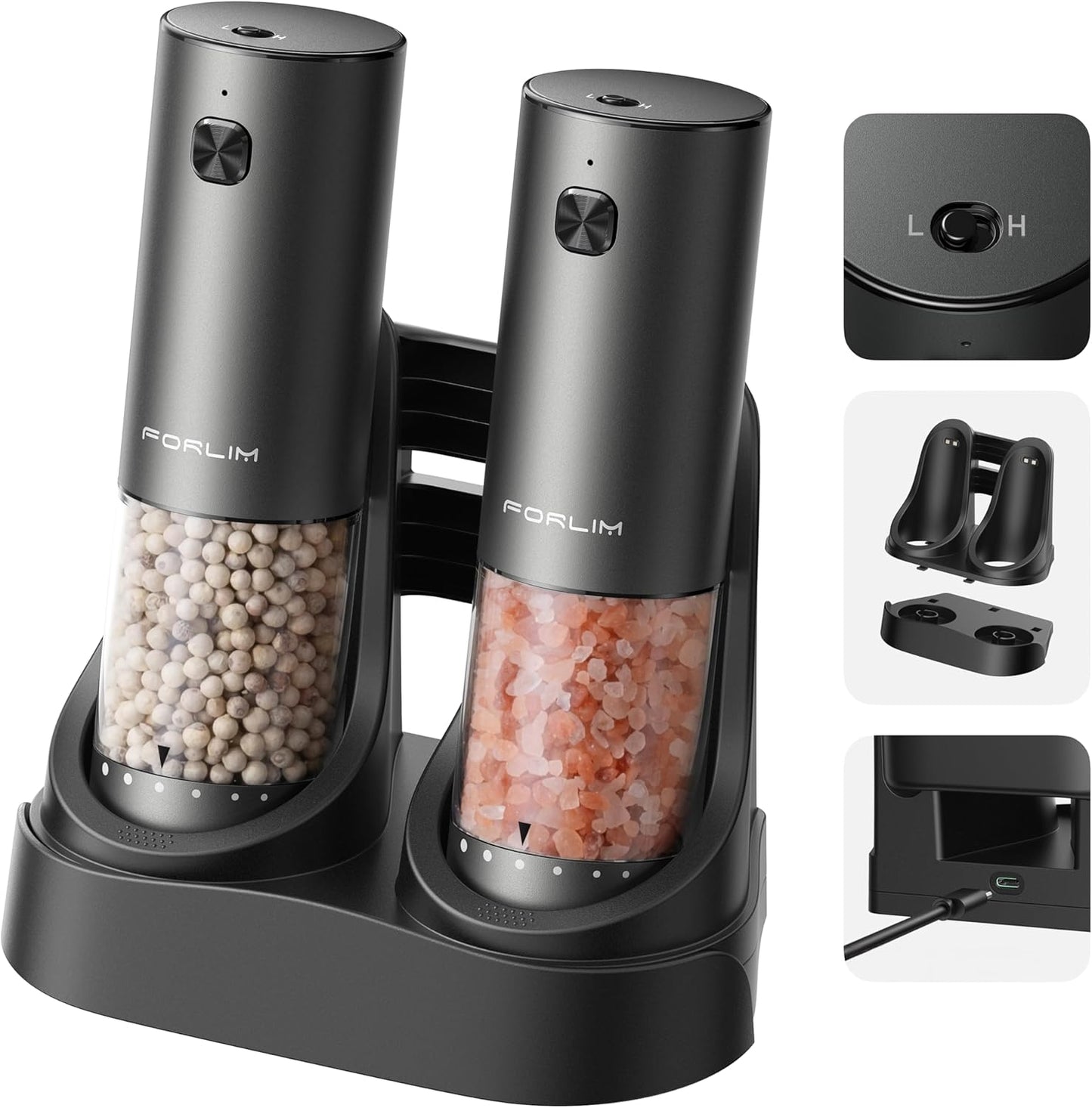 FORLIM 2-Speed Electric Salt And Pepper Grinder Set, External Rotation To Adjust Coarseness, Electric Salt and Pepper Shaker With Charing Base, One-Button Automatic Grinding, Washable Container