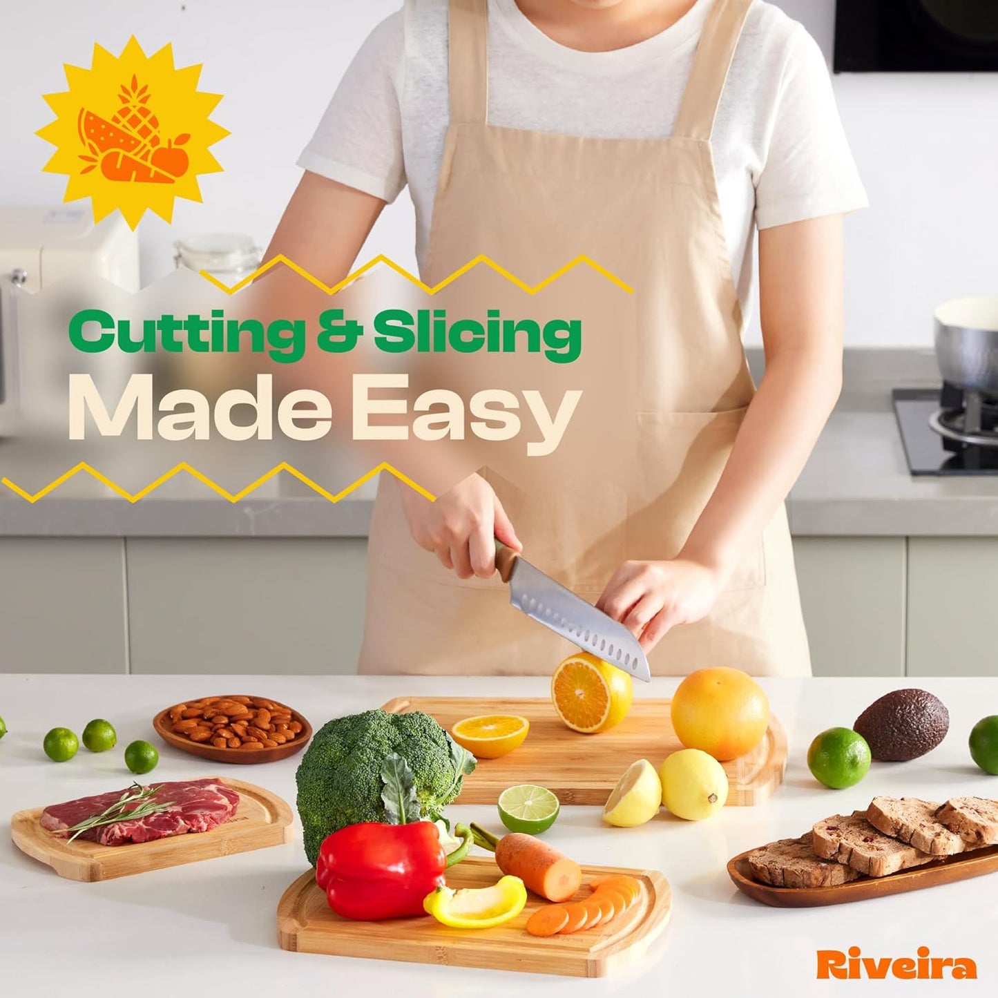 Riveira Two Tone Bamboo Wood Cutting Board – Gourmet Bamboo Grandeur: 18 x 12 Wooden Cutting Board – Wooden Cutting Boards For Kitchen Decorative – Innovative Juice Grooves Wooden Chopping Board