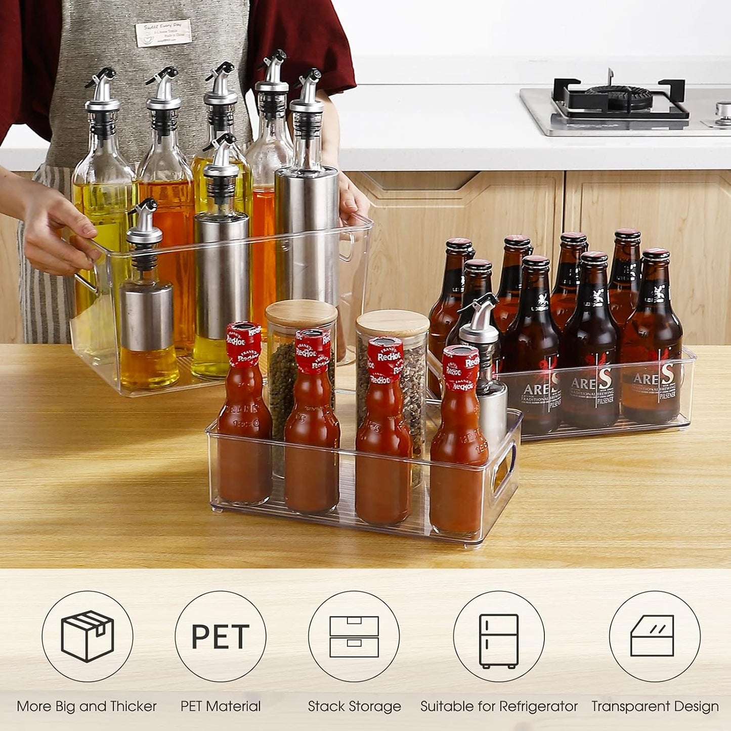 Set Of 6 Refrigerator Organizers and Storage,Stackable Large Clear Plastic Storage Bins with Handle,Freezer Organizer Bins,Perfect for Kitchen Cabinet Pantry Snack Containers,Closet Organization