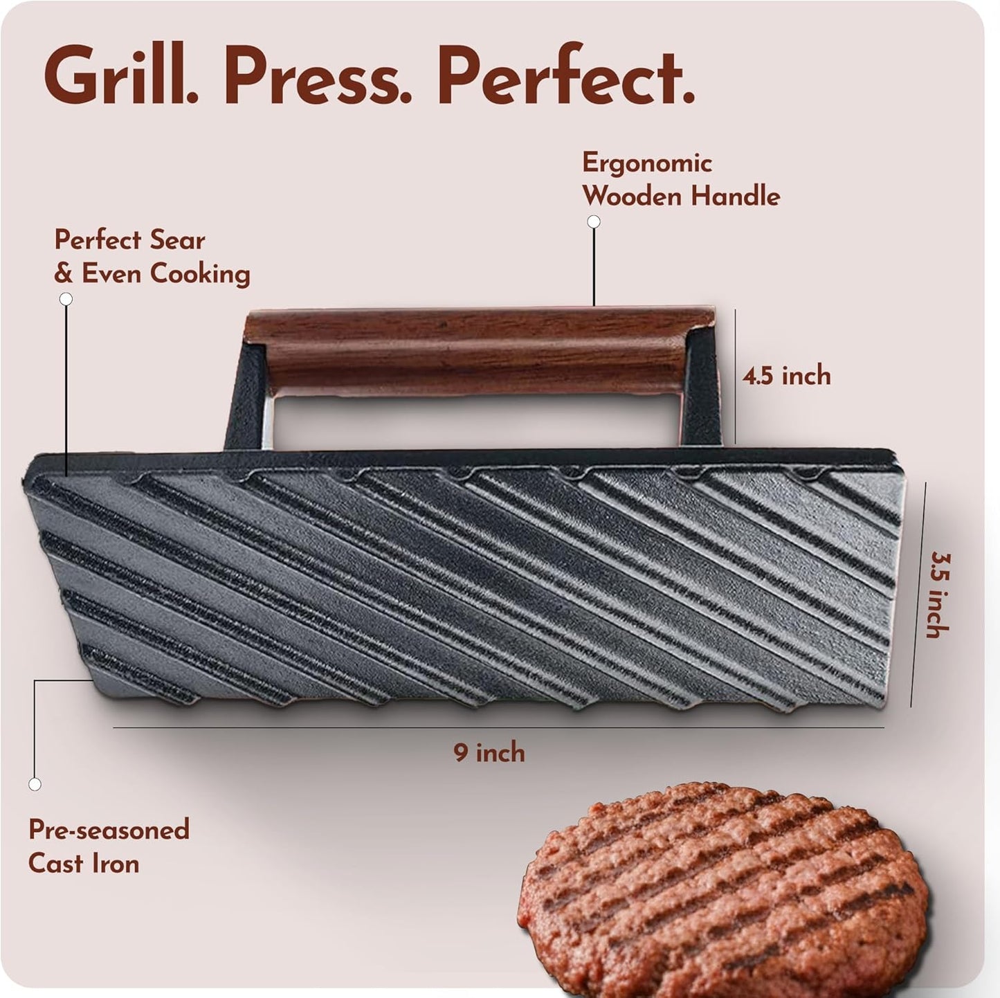 Bellemain Bacon Press Rectangle | Heavy-Duty Cast Iron Grill Press for Perfectly Seared Bacon, Steak & Sandwiches | Equalized Weight Distribution