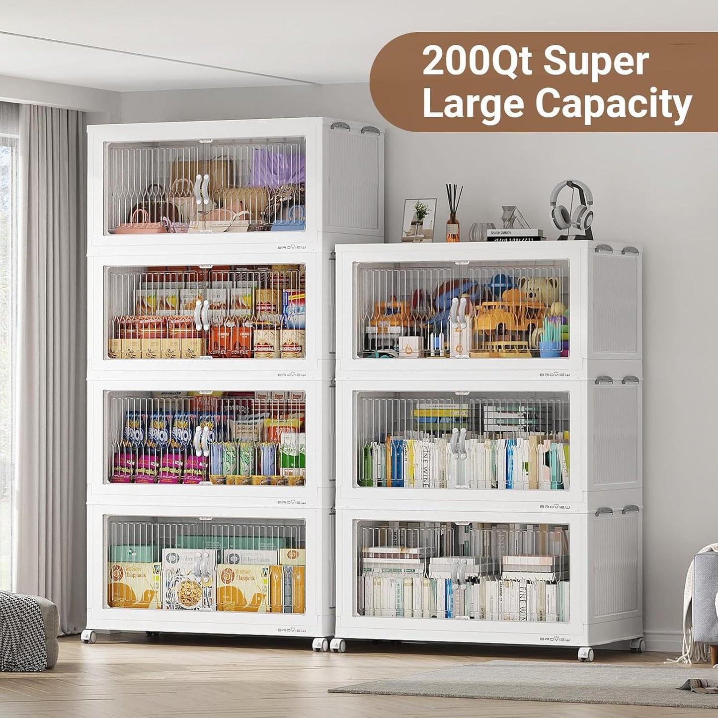 800Qt Extra Large Stackable Storage Bins with Lid, Closet Organizer Collapsible Drawer Boxes with Wheels, Folding Plastic Cabinet Containers for Home Kitchen Room Organization, 4Pack White