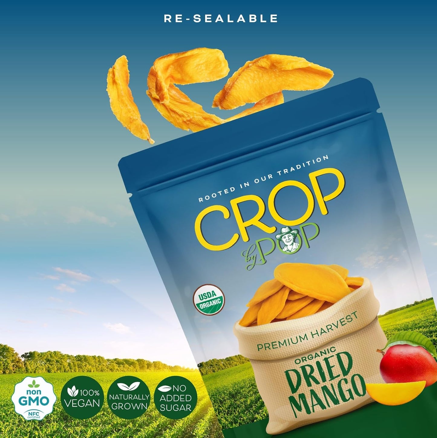 CROP BY POP - Organic Sun Dried Mango Slices, No Sugar Added, Unsulphured (16oz, 1 LB) Bulk Dry Fruits Packed Fresh in Resealable Bag - USDA Organic, Non GMO, Kosher