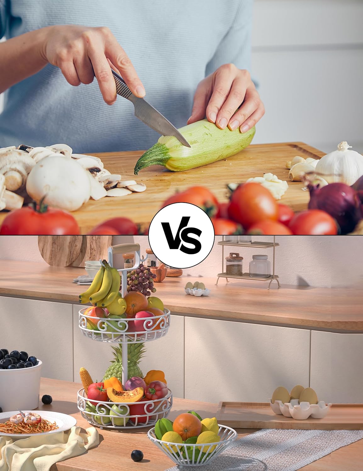 2-Tier 𝐅𝐫𝐮𝐢𝐭 𝐁𝐚𝐬𝐤𝐞𝐭 and Fruit Bowl - Fruit and Vegetable Storage with Banana Tree Hanger and Wood Handle, Fruit Basket for Kitchen Counter, for Bread Onions Potatoes Veggies Produce