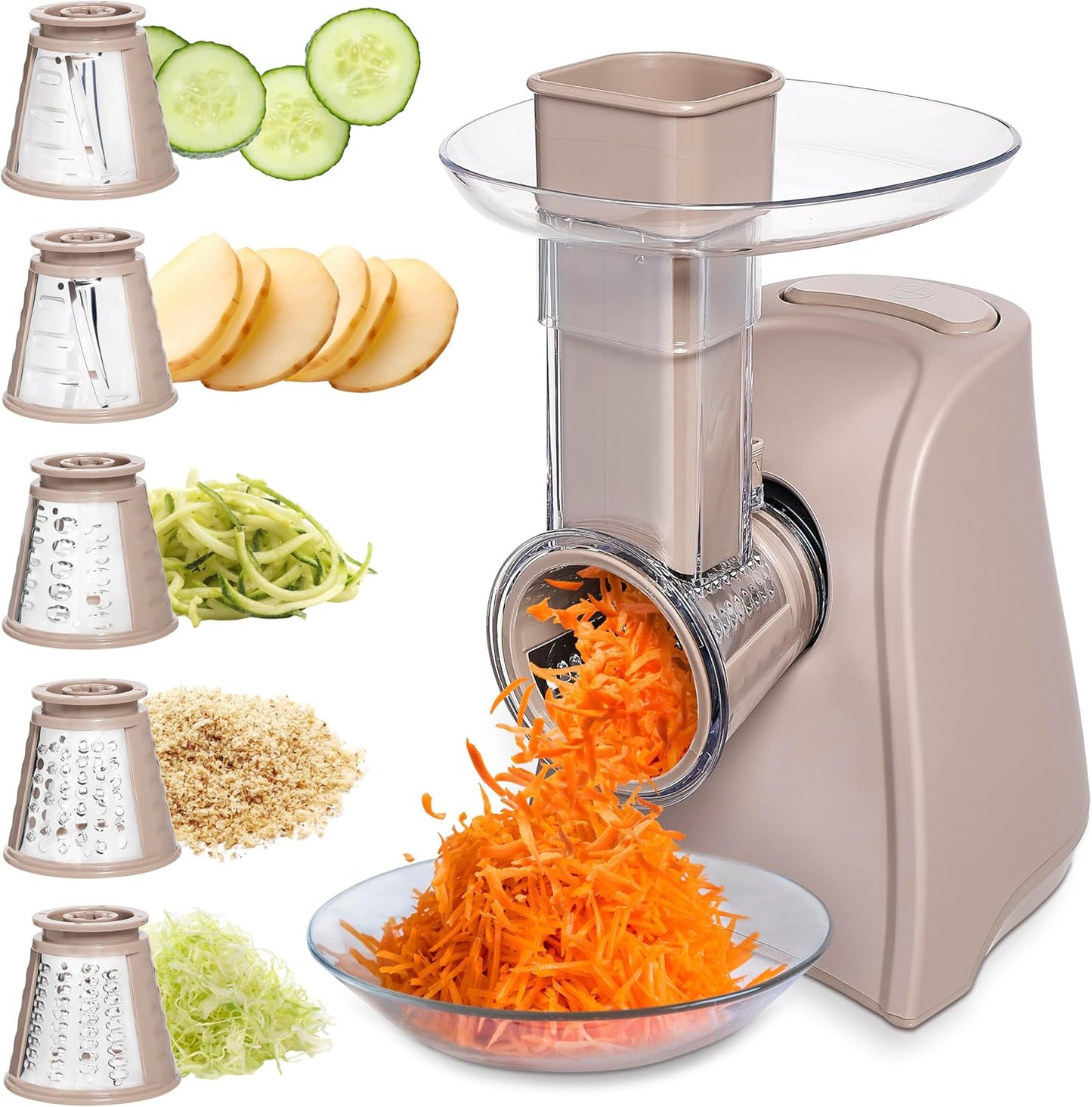 COOK WITH COLOR 5-in-1 Electric Slicer, 150W Food Prep Machine – Parmesan Shredder, Fine & Coarse Graters, Potato Grater, Vegetable Slicer, Compact Design for Bowl Prep, Warm Grey