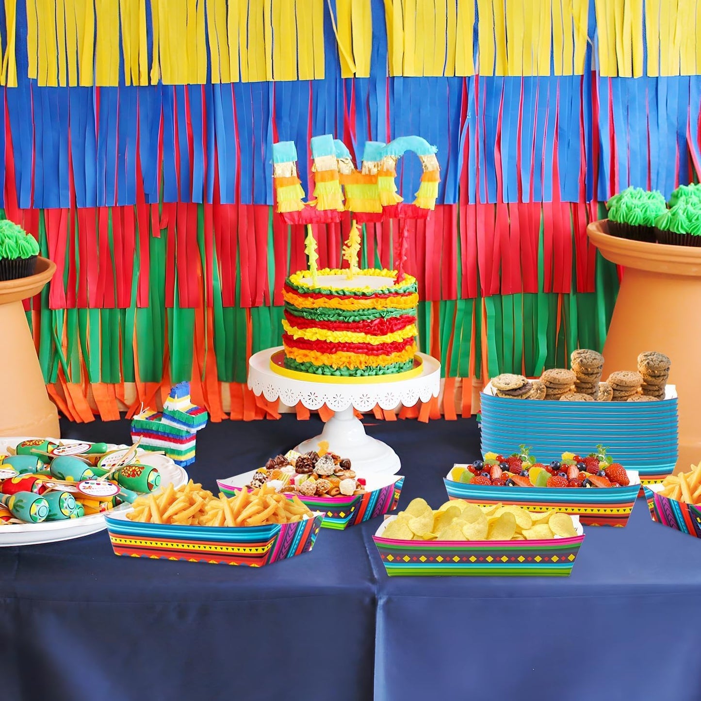 Mexican Taco Nights Food Trays 100Pcs Hispanic Heritage Month Mexican Nacho Popcorn Assembled Trays Snack Candy Holder Disposable Paper Plates Birthday Carnival Party Picnic Food Containers