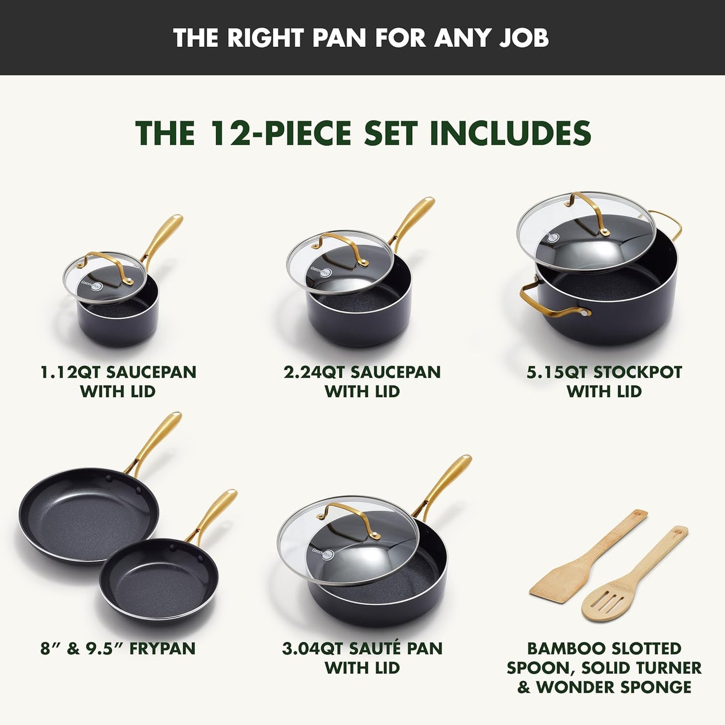 GreenPan 12 Piece Nonstick Swift Cookware Set, Ceramic PFAS-Free Pots & Pans with Lids, Dishwasher & Oven/Broiler Safe to 600F, Kitchen Cooking Set, Sauce, Saute, Stock, Frying Pans, Black/Gold