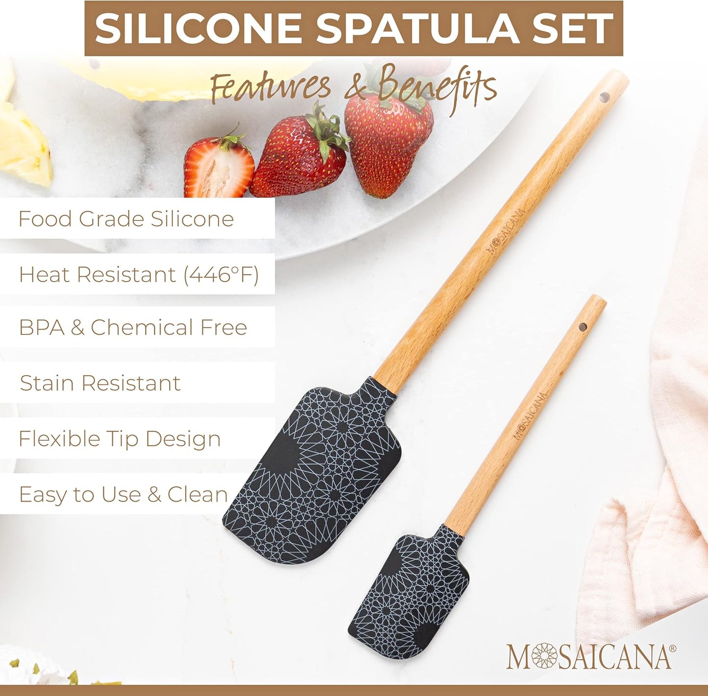 Silicone Spatula set of 2 with wooden handle and stunning pattern (Black)